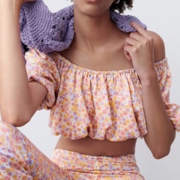 zara crop top floral printed off shoulder puff sleeve - Picture 1 of 7
